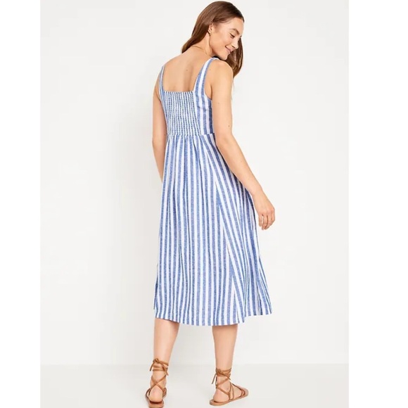 OLD NAVY Fit & Flare Linen-Blend Midi Dress Striped Coastal Preppy Size Large - Picture 6 of 12